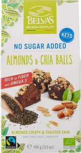 Bile de Ciocolată Neagră cu Migdale și Chia, fără Zahăr Adăugat ECO, Belvas – 100g